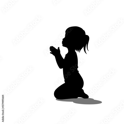 Young girl kneeling in prayer silhouette against white background  