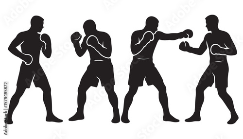 Boxing Silhouette Icon Set – Fighter Punching Action Vector Illustration

