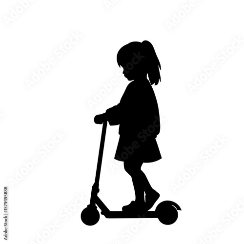Silhouette of girl riding a scooter in a playful pose  