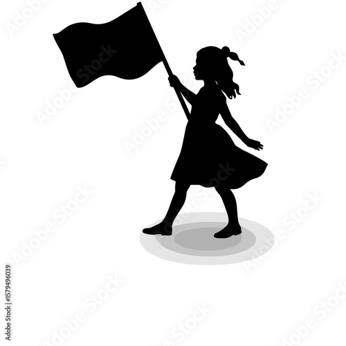 Little girl holding a flag while walking in silhouette style  