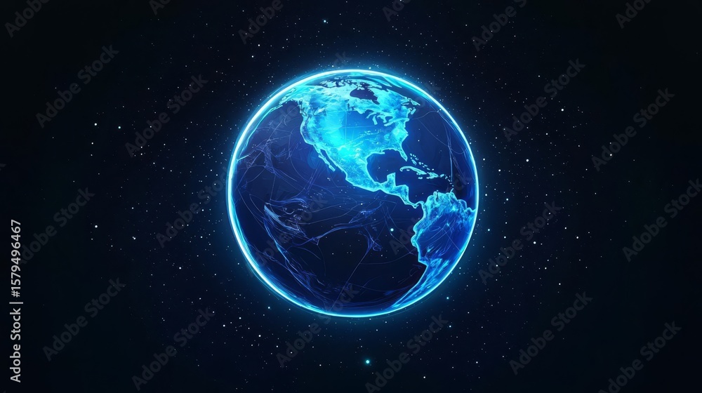Fototapeta premium Stunning 3D representation of the Earth, illuminated by blue light against a starry background for a cosmic effect.