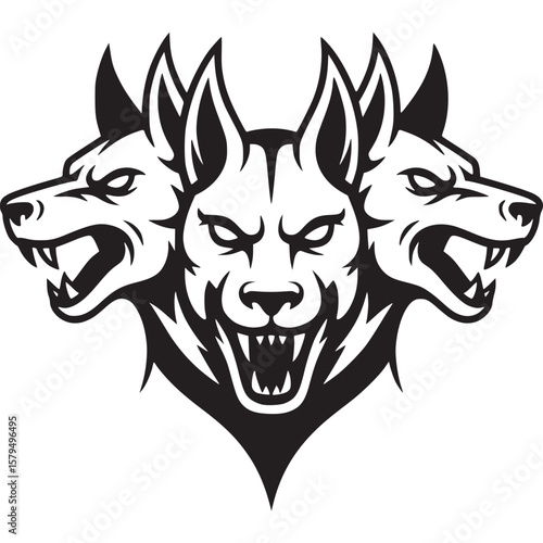 A black and white illustration of a three headed dog with sharp teeth and pointed ears snarling fiercely on transparent background
