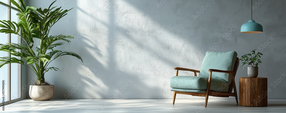 Fototapeta premium Simple living room with chair, plants and subtle natural lighting