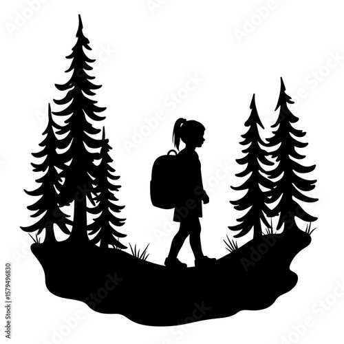 Girl hiking with backpack among trees in forest silhouette  