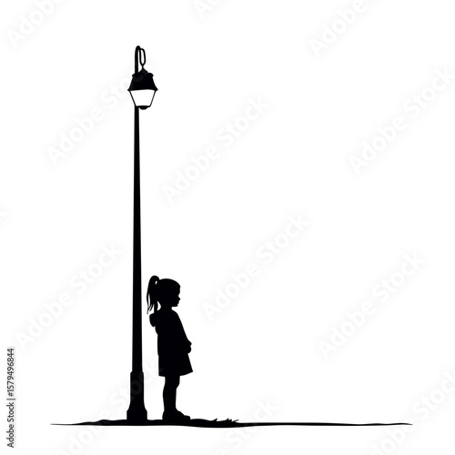 Silhouette of girl standing by street lamp in minimal style  