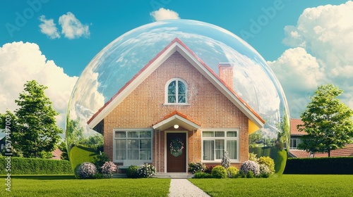 Unique house protected by transparent dome in a vibrant green landscape on a sunny day