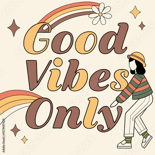 A retro illustration with the words good vibes only features a rainbow, flower, and stylish woman, radiating positive energy