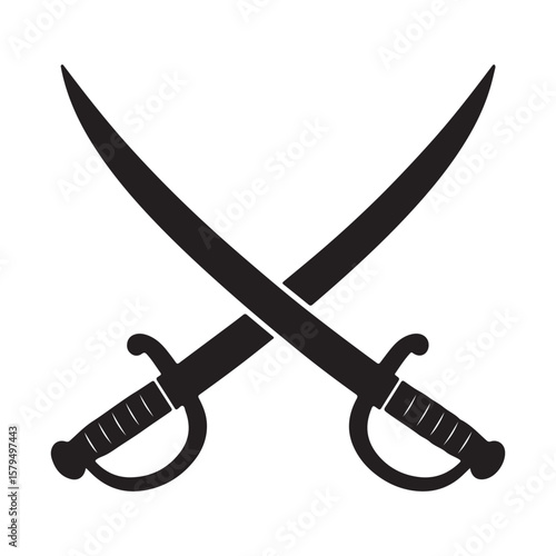 Crossed swords and shield with sharp steel blades and antique handles vector illustration