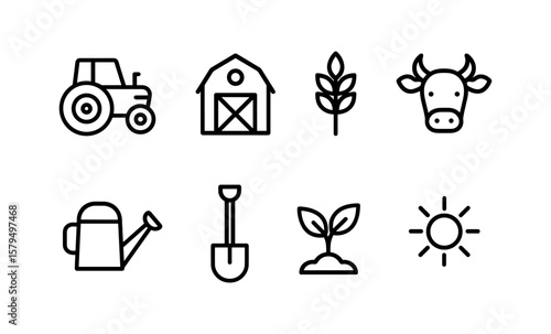 Simple farm icons set featuring agriculture and livestock in linear style