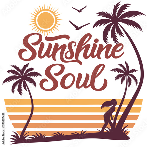 A tropical design with palm trees, a sunset, and the words sunshine soul in a retro style