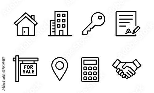 Real estate icons set: house, building, key, contract, for sale, location, calculator, handshake in linear style