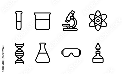 Scientific laboratory equipment icons set in linear style for research and education