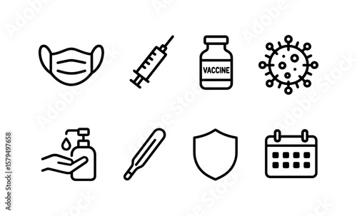 Essential pandemic icons: mask, vaccine, virus, and hygiene simplified in minimalist design