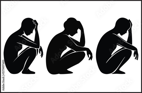 Depressed Person Silhouette Vector Set - Sad Sitting Pose Icons