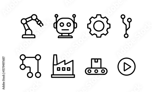 Minimalist icons of robotics and automation featuring robots, gear, and factory elements
