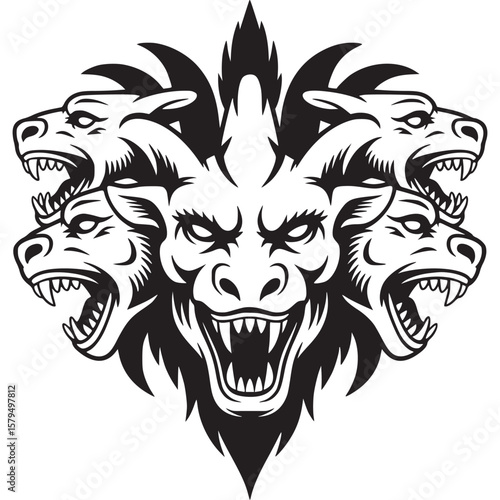 A monochrome illustration of a mythical hydra creature with multiple canine heads and sharp teeth showing on transparent background