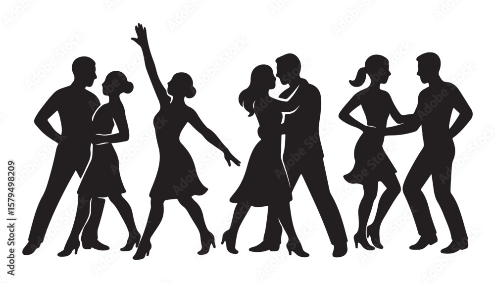 Fototapeta premium group of people silhouettes dancing and moving together vector illustration