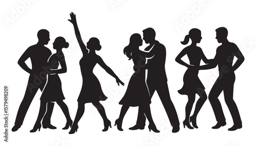 group of people silhouettes dancing and moving together vector illustration