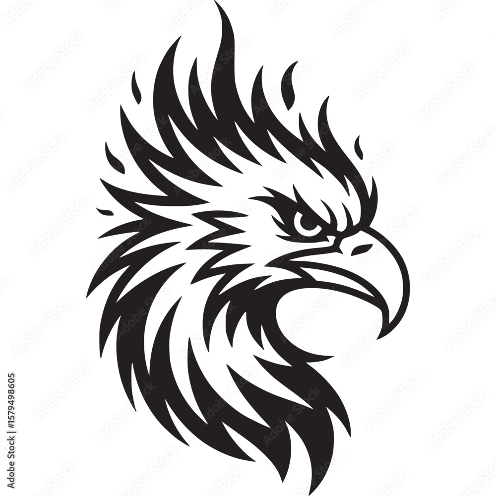 Fototapeta premium A striking black and white graphic illustration of an eagle head in a stylized tribal design format on transparent background