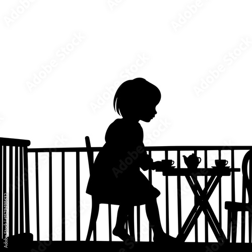Silhouetted girl sitting at a table on a balcony with teacups  