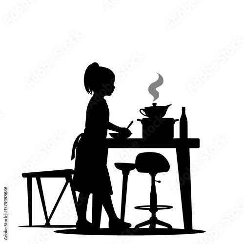 Young girl cooking on stove while standing at kitchen table  