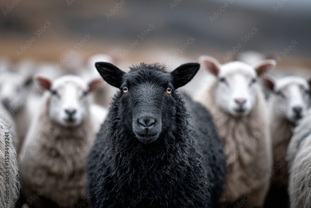 Black sheep sticking among white sheep. Black sheep in the family. Concept of a different person or exclusion from society. Black sheep sticking among white sheep. Black sheep in the family. Concept of a different person or exclusion from society.