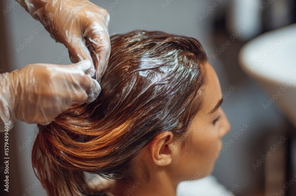 Naklejka premium Beautiful Beautiful woman applying hair color to her hair in hairdressing salon.