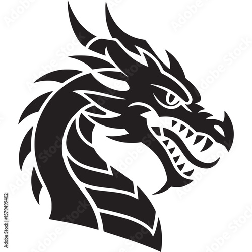 Illustration of a black dragon head with sharp teeth and horns on a white background in a simple style on transparent background
