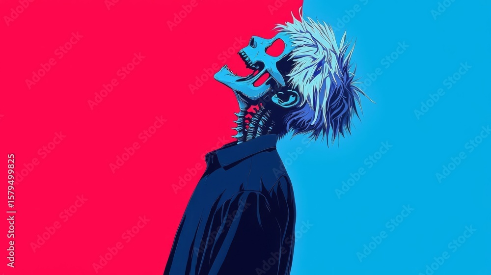 Fototapeta premium Vibrant digital art of a character with a skeleton face, expressing emotions in contrasting colors.