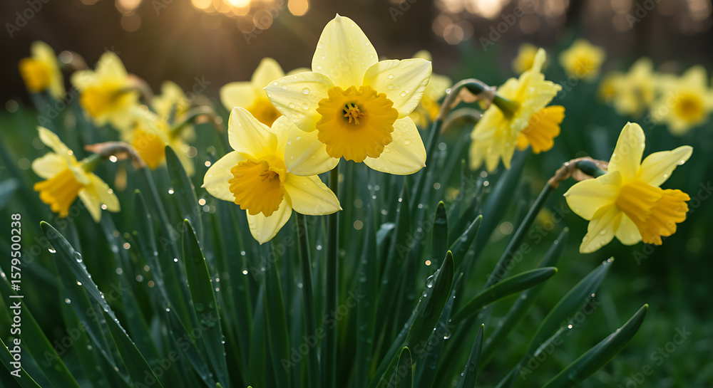 Fototapeta premium Beautiful cluster of yellow daffodils blooming in spring with water droplets and soft sunlight.