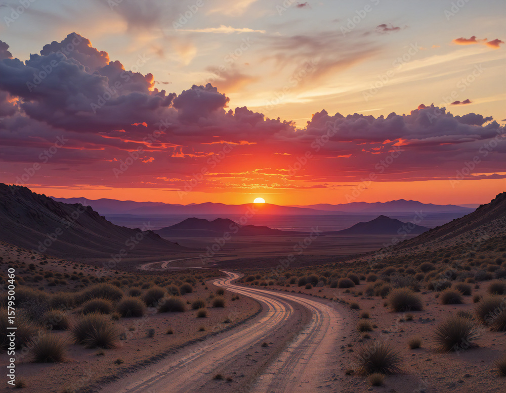 Fototapeta premium Scenic desert highway winding through mountains under a vibrant sunset sky