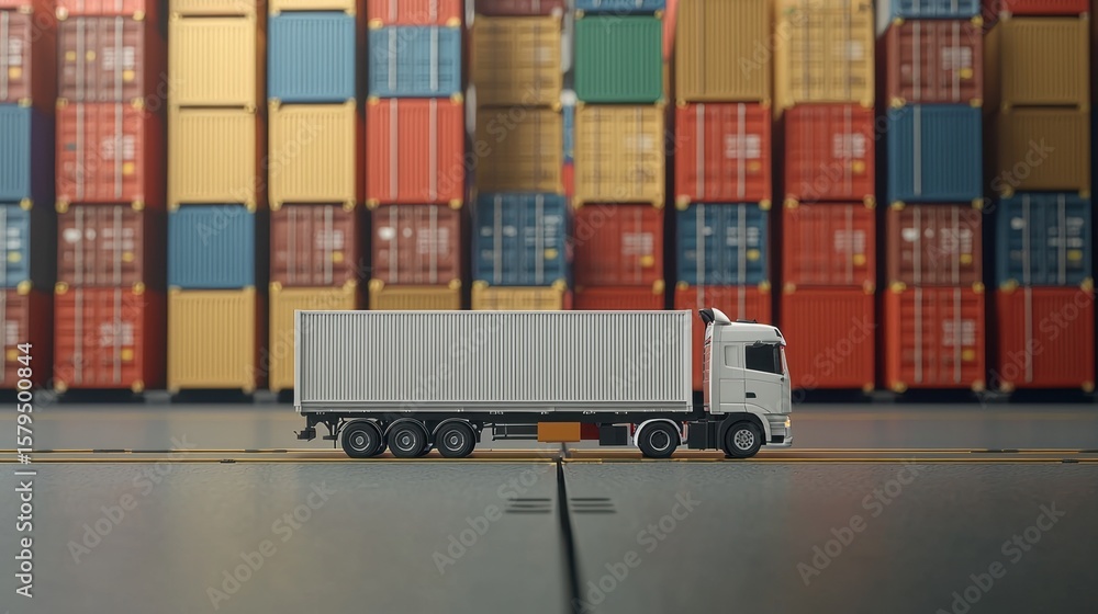 Fototapeta premium Model truck positioned in front of colorful shipping containers in a busy loading area