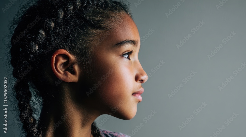 Fototapeta premium Side View Portrait of a Charming African American Teen Girl with a Soft Background