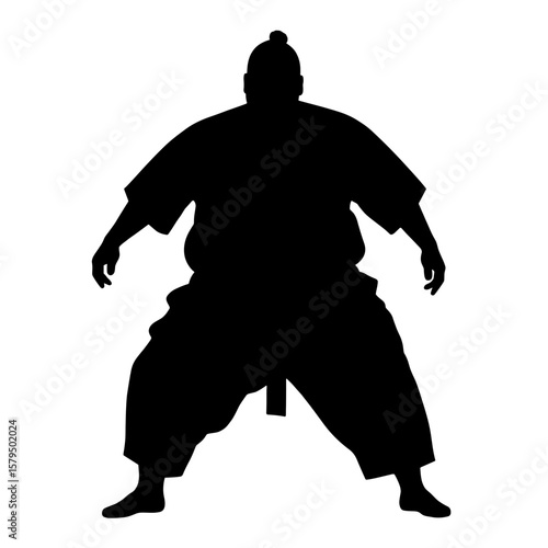 Sumo wrestler silhouette in dynamic pose with focused stance  
