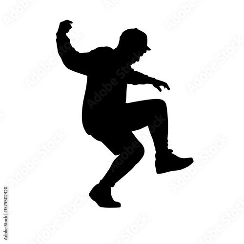 Silhouette of a man dancing energetically on white background  