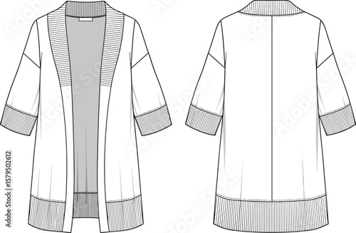 Open-front long cardigan vector template, front and back fashion sketch, wide collar design, cuff and center seam details, editable garment mockup illustration layout