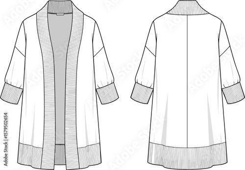 Cardigan sweater vector template, front and back fashion sketch, ribbed shawl collar and ¾ sleeves, open front design, editable garment mockup illustration layout