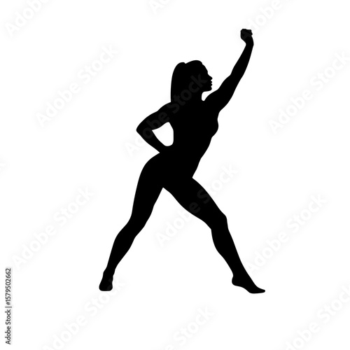 Silhouette of confident woman standing with one arm raised  