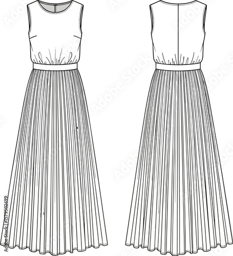 Sleeveless pleated dress vector template, front and back fashion sketch, fitted bodice with round neckline, waistband and zipper detail, editable garment mockup layout