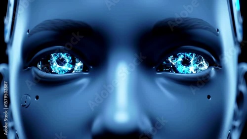 Extreme close-up of a futuristic humanoid robot's eyes activating and glowing with intense blue cybernetic light