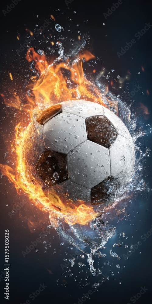 Fototapeta premium Dynamic Soccer Tournament Poster Design: Exploding Football with Fire and Water Elements