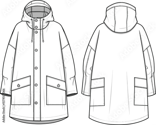 Hooded coat vector template, front and back fashion sketch, flap pocket design with drawstring hood and button closure, editable garment mockup illustration layout