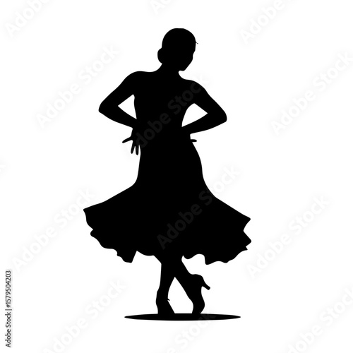 Silhouette of a woman dancing in a flowing dress on white background  