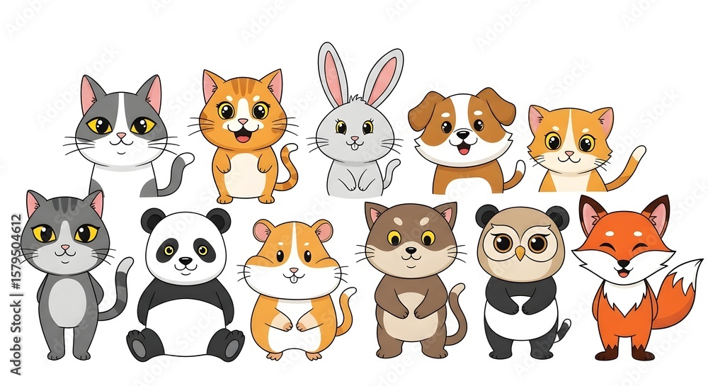 Fototapeta premium A collection of cartoon animals including cats, a rabbit, a dog, a panda, a hamster, an owl, and a fox.