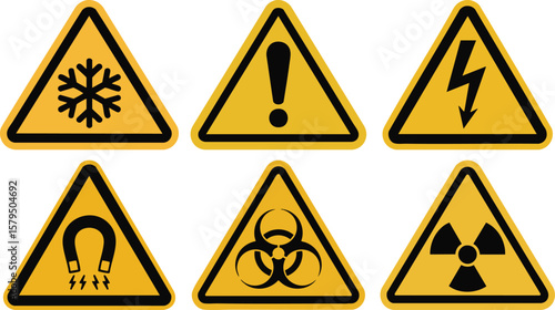 Vector Set Of Hazard Warning Signs Including Cold Electric Shock Radiation Magnet Biohazard Exclamation Safety Symbol Alert Icon

