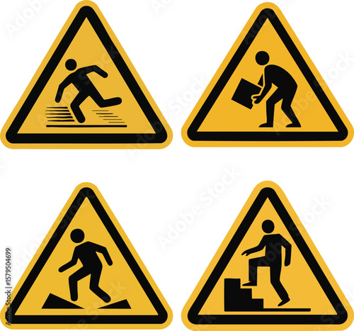 Vector Set Of Workplace Hazard Warning Signs Including Slipping Tripping Lifting Falling Stairs Safety Symbol Alert Caution Icon


