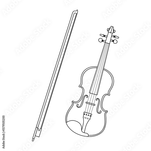 Line art illustration of a classical violin and bow. Perfect for coloring books, music education materials, and vintage instrument collections.