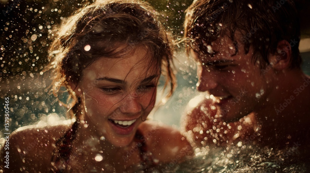 Obraz premium Happy Young Couple Splashing in a Pool