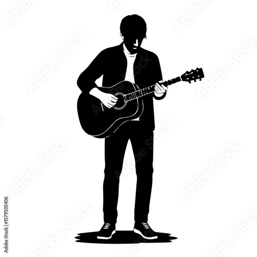 Silhouette of a man playing guitar while standing in casual attire  