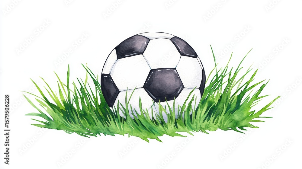 Obraz premium Watercolor Style Soccer Ball Surrounded by Lush Green Grass in a Vibrant Outdoor Setting